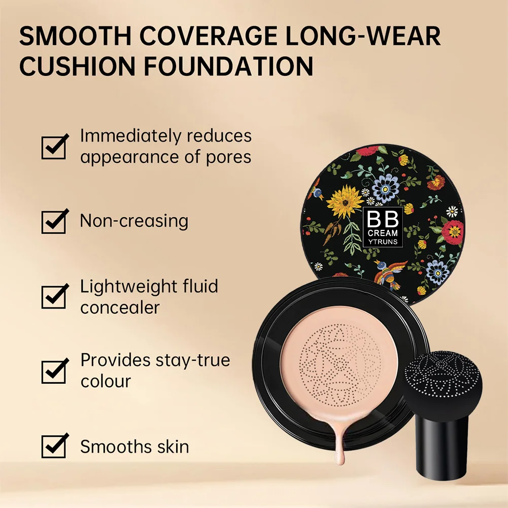 Mushroom Head Air Cushion BB Cream, Moisturizing Concealer Foundation, Brightening Natural Nude Makeup with Mushroom Puff