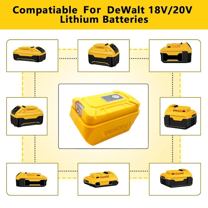 Replace for Dewalt 18V 20V Battery USB Adapter Charger Battery Adapter with LED Work Light Dual USB Port Power Source Charger