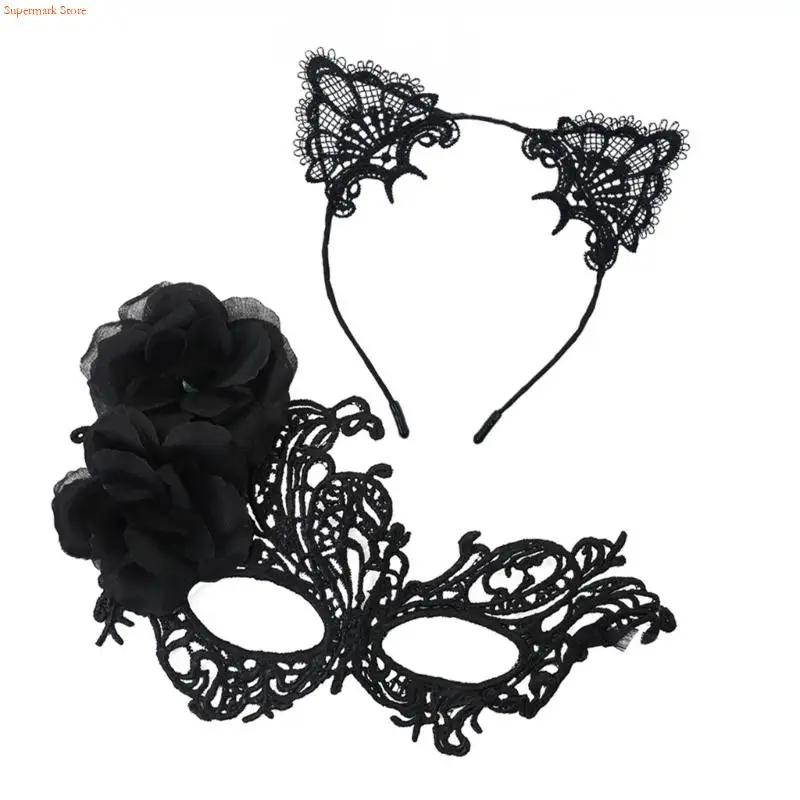 Q5we耐久性のあるマスカレードマスクセット取り外し可能な猫とコスチュームイベントの耳ヘッドバンド