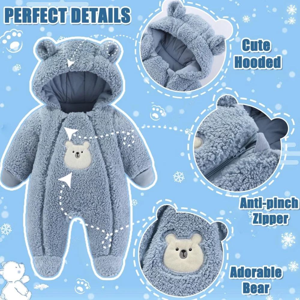 Newborn Baby Winter Snowsuit, Bear Thick Romper Footies, Double Zip Hooded Jumpsuit Fleece Coat Infant Boy Girl, Outdoor Suit