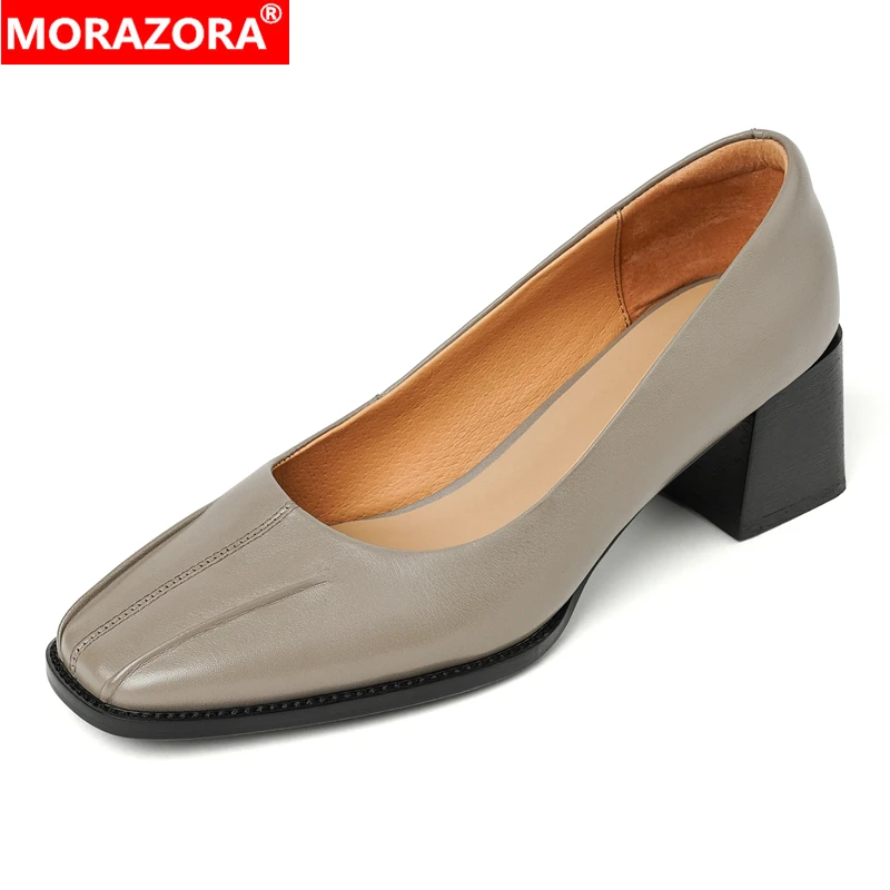 

MORAZORA/202 Новые туфли из натуральной кожи, женские однотонные туфли-лодочки на высоком квадратном каблуке, женские офисные модельные туфли с квадратным носком