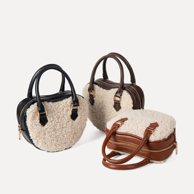 

Модная зимняя женская сумка из искусственного меха в форме яблока в форме сердца, роскошный дизайн, мягкая плюшевая искусственная кожа, теплая пушистая Бостонская сумка на плечо