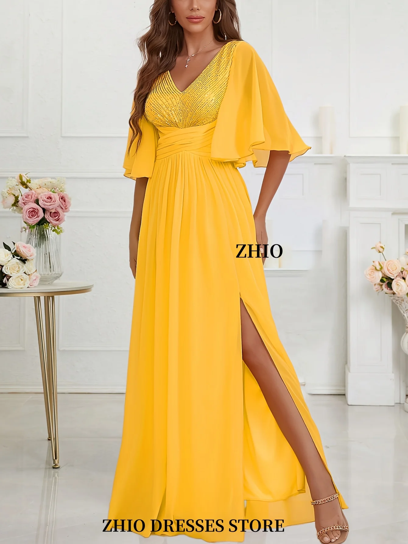 ZHIO أنيقة الأصفر الخامس الرقبة لامعة مطوي قصيرة الأكمام تنورة طويلة مع فجوة عالية الشيفون فستان سهرة رسمي عند الخصر مخصص