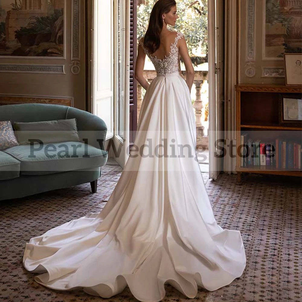 Detachable Trailing Wedding Dress Crew Neck Dropped Sleeves Appliquéd Beaded Pleats Elegant Mermaid Bridal Marriage Dresses