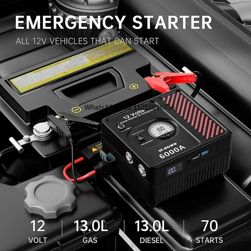 6000A Peak Heavy Duty Emergency Car Jump Starter Portable Power Bank Charger Booster With Built Air Compressor