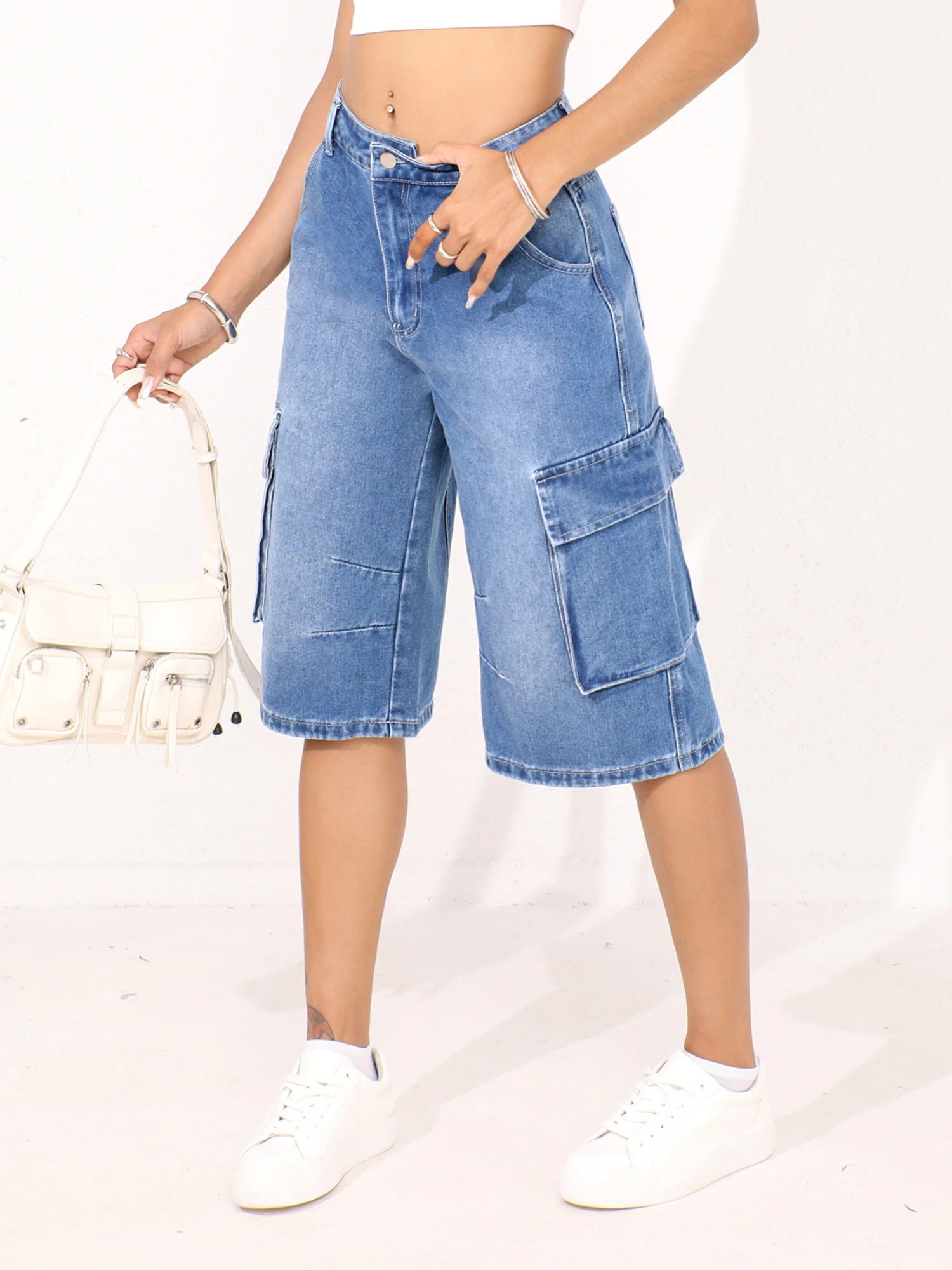 Flap pocket pants, loose mid-rise cropped denim overalls, niche design, cotton blend, perfect for summer