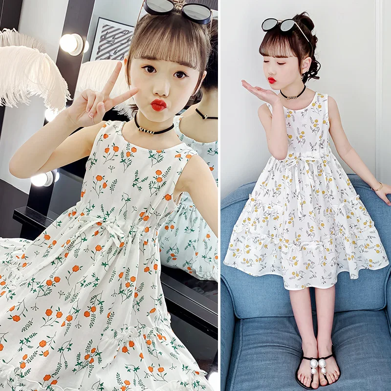 

Girls Dress New Summer Pure Cotton clothing Fragmented Flower Tank Top Long Kids dress Casual Waist Princess Dresses