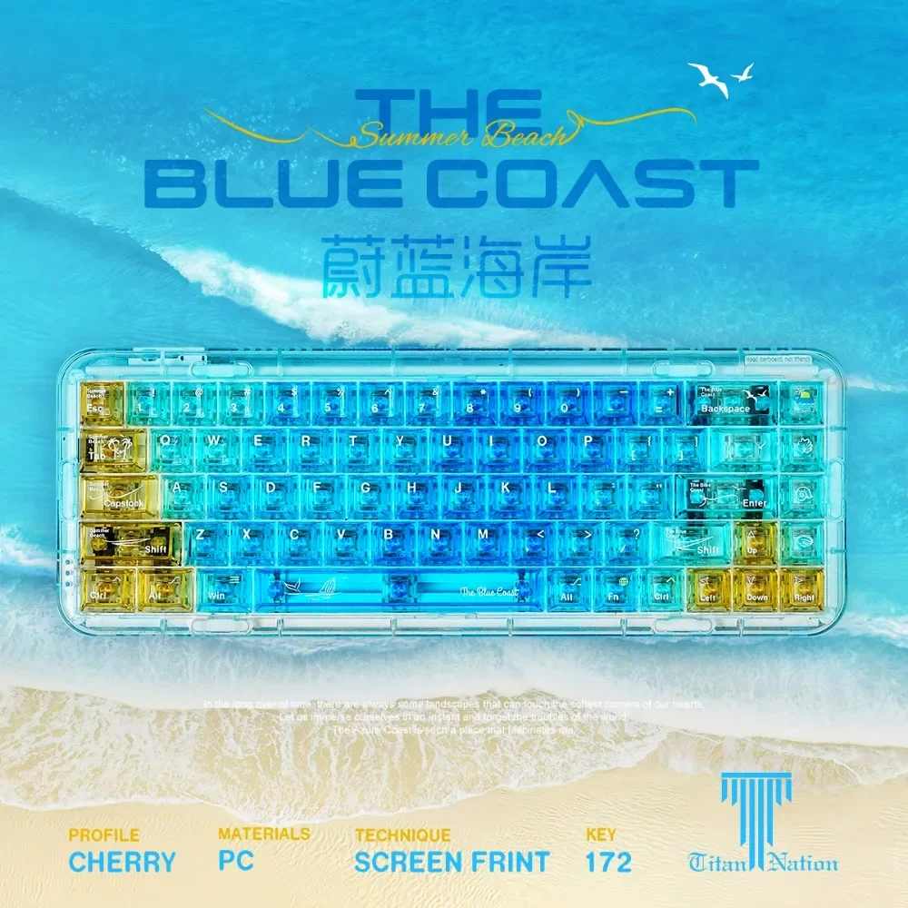 Titan Nation Azure Coast Theme 172pcs Key Cap PC Cherry-Profile Blue Transparent Large Full Set Keycap for Mechanical Keyboard