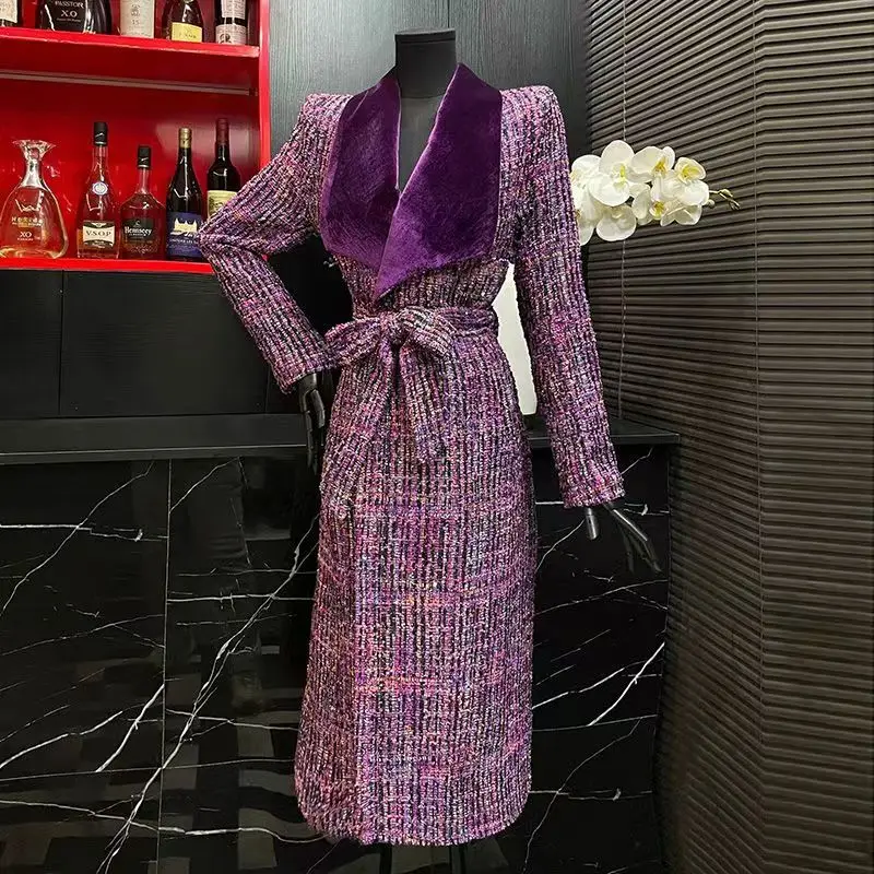 

2024 new autumn and winter sequin embroidered purple Shiny long coat for women Weaving Heavy Industry woolen lapel coat for lady