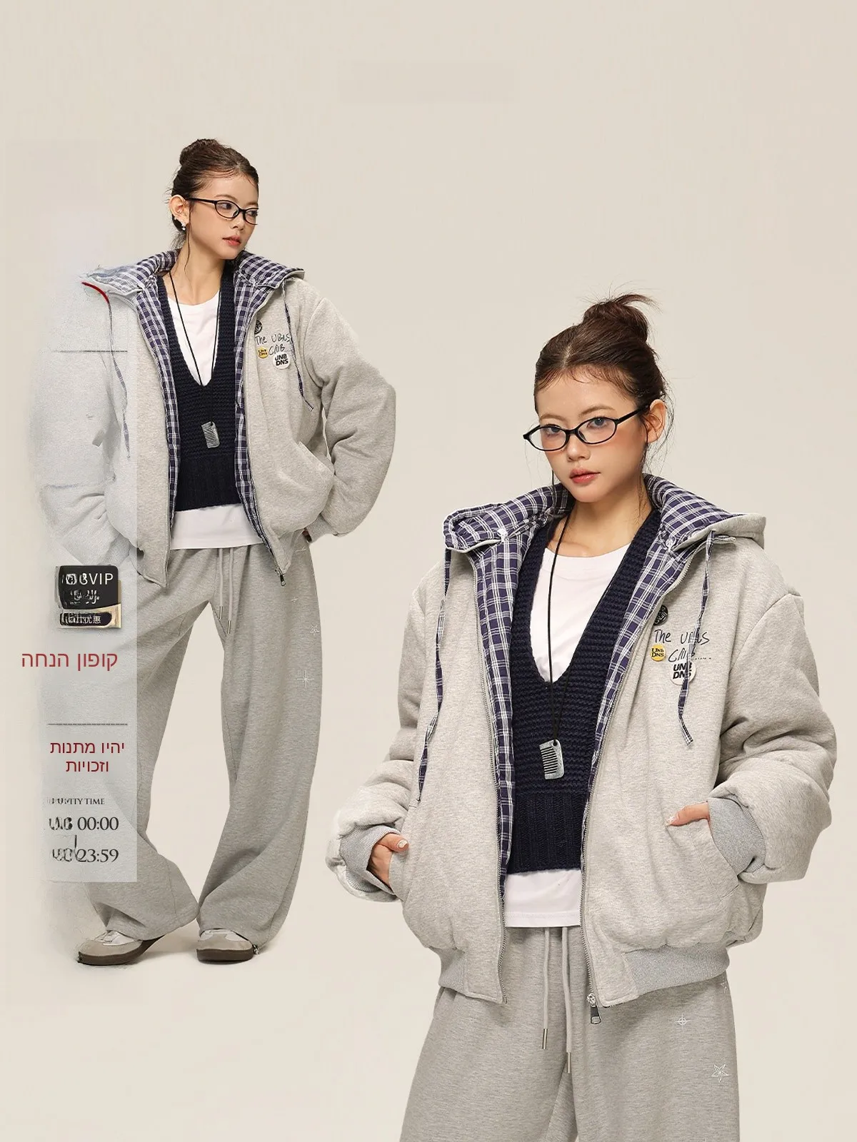 

AceStudios Winter Thickened American Retro Plaid Splicing Hoodie Cotton Jacket Badge Loose Outerwear Women's Clothing