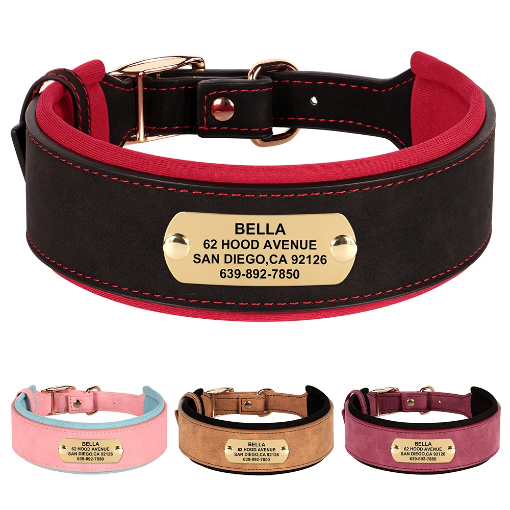 Coleira de couro personalizada, coleiras macias, largas e acolchoadas para cães médios e grandes, placa de identificação gravada grátis, acessórios