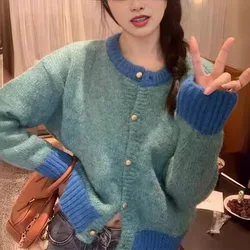 2024 Color Blocking Round Neck Long Sleeved Knitted Cardigan Women's Autumn and Winter Women's Knitted Sweater Jacket