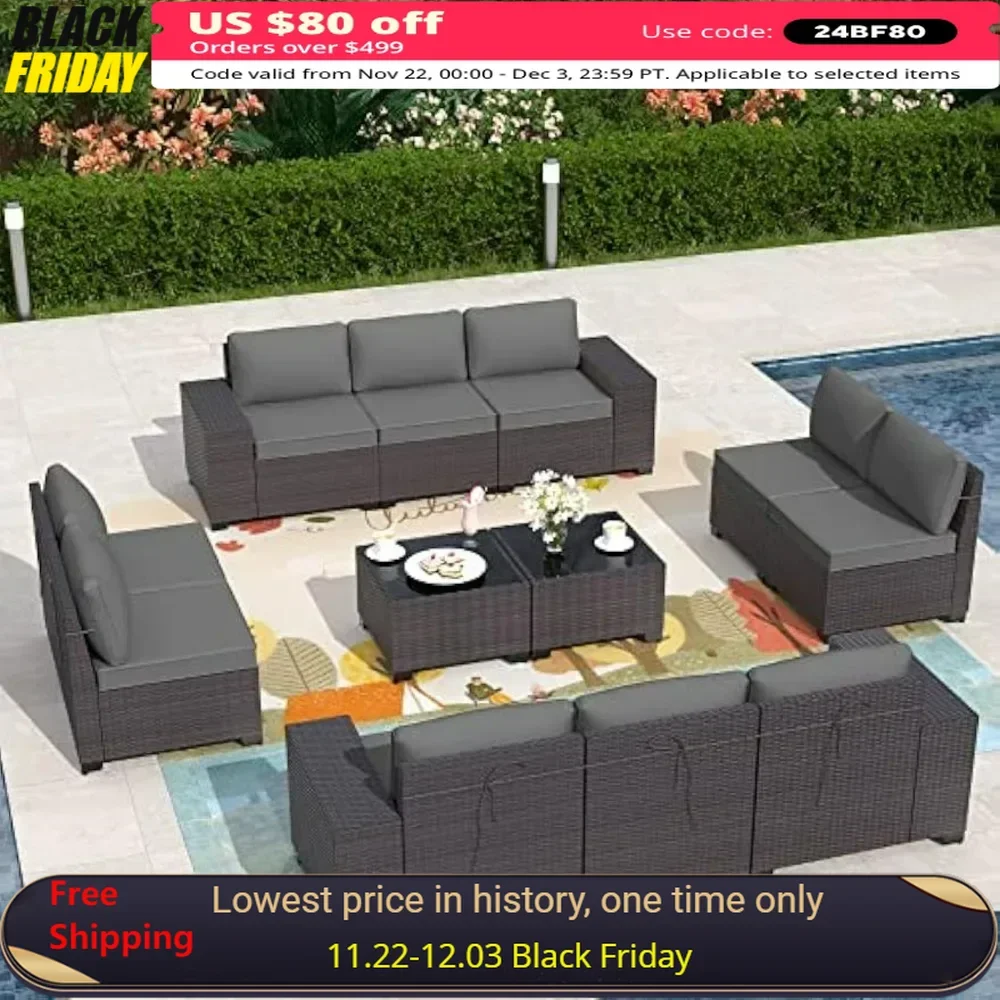 12 Pieces Outdoor Patio Furniture Set Sectional Sofa Sets Patio Conversation Set w/10 Grey Seat Cushions and 2 Coffee Tables