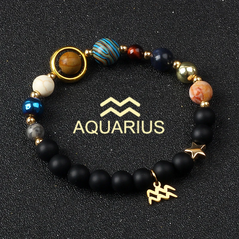 Universe Galaxy Eight Planets 12 Constellation Bracelets for Women Natural Stone Solar System Bracelets Libra Virgo Leo Jewelry