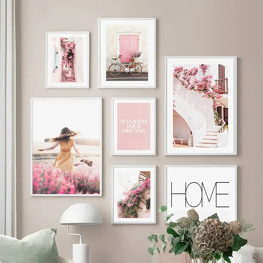 

Pink Lavender Santorini Farmhouse Roses Wall Art Canvas Spring Travel Poster Print for Living Room Decor