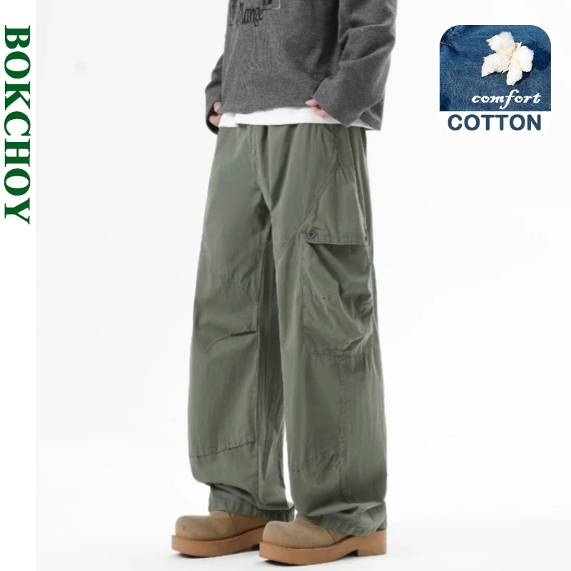 2026 Spring Summer New Loose Comfort Cotton Multi-pockets Cargo Pant for Men Casual Drawstring Pants JL26218