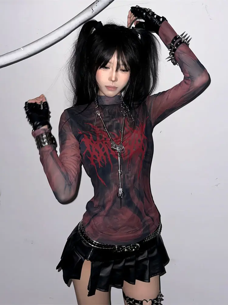 

Women's Printed Mesh Long-sleeved Gothic Top Autumn Y2k Vintage Female Long Sleeve Sexy Pullover T-shirt