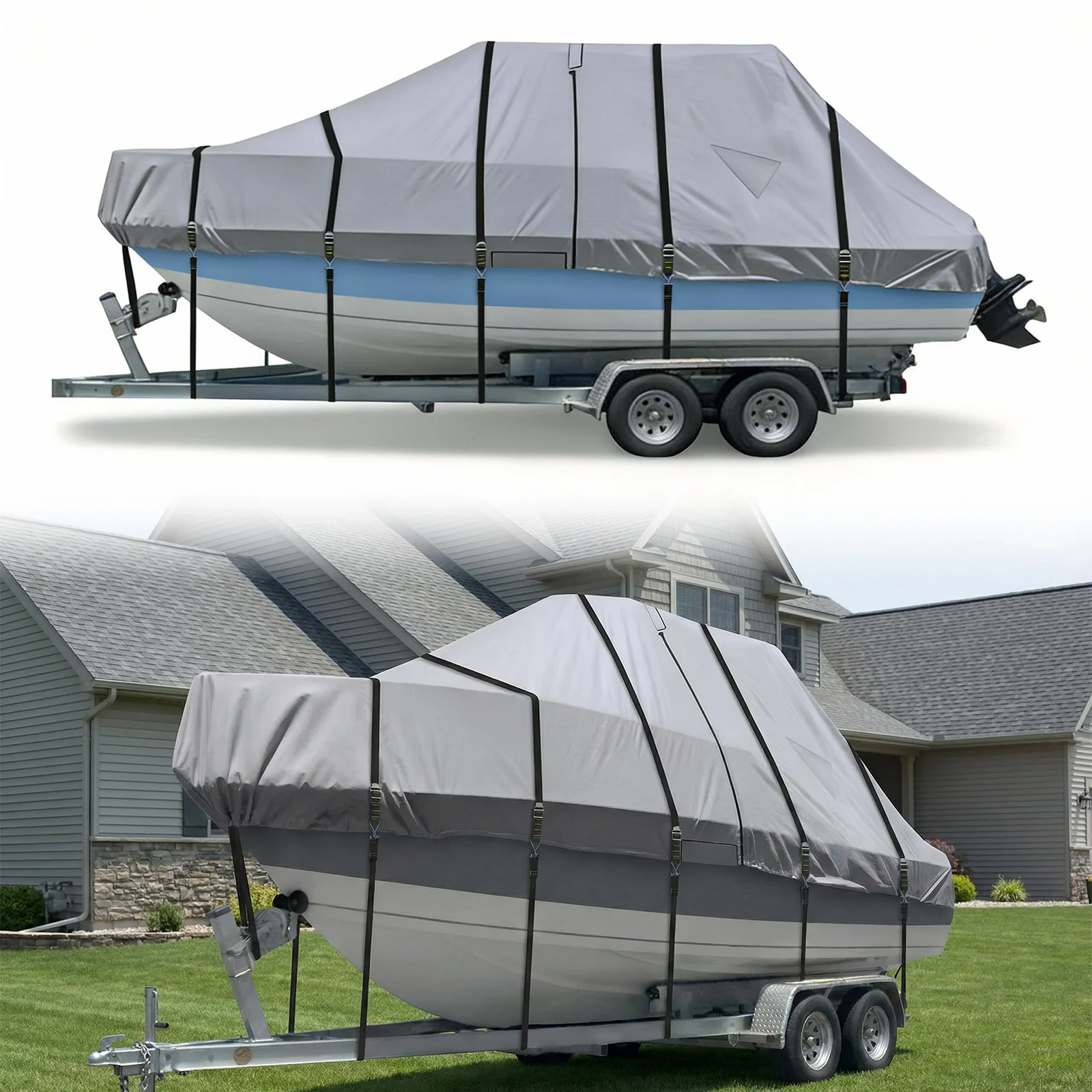 

1200D Center Console Boat Cover with Motor Covering & Adjustable Buckle Waterproof Yacht Protector UV-Proof For Protecting Roof