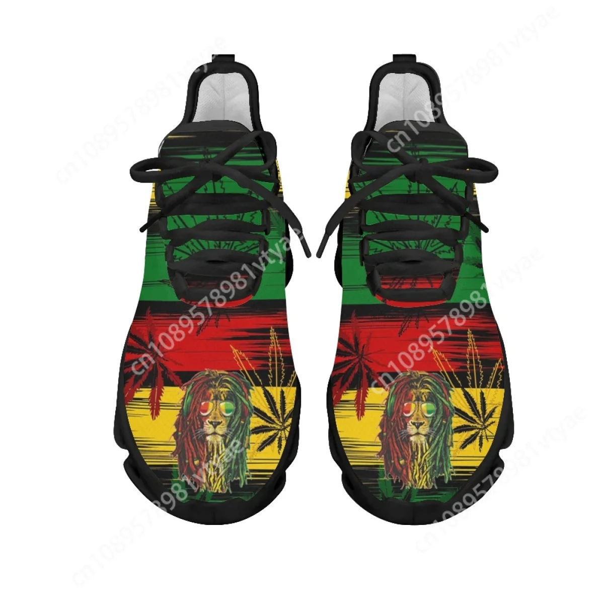 Custom Made 2023 Hot Style Mesh Sneakers for Women Jamacia Flag Lion Pattern Ladies Platform Shoes Weed Leaves Lace up Flats