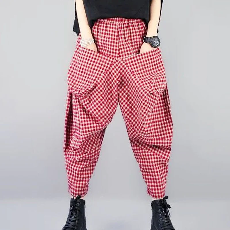 Summer New Elastic Waist Fashion Plaid Printing Haren Pants Women High Street Casual Loose Pockets Patchwork Cotton Hemp Pants