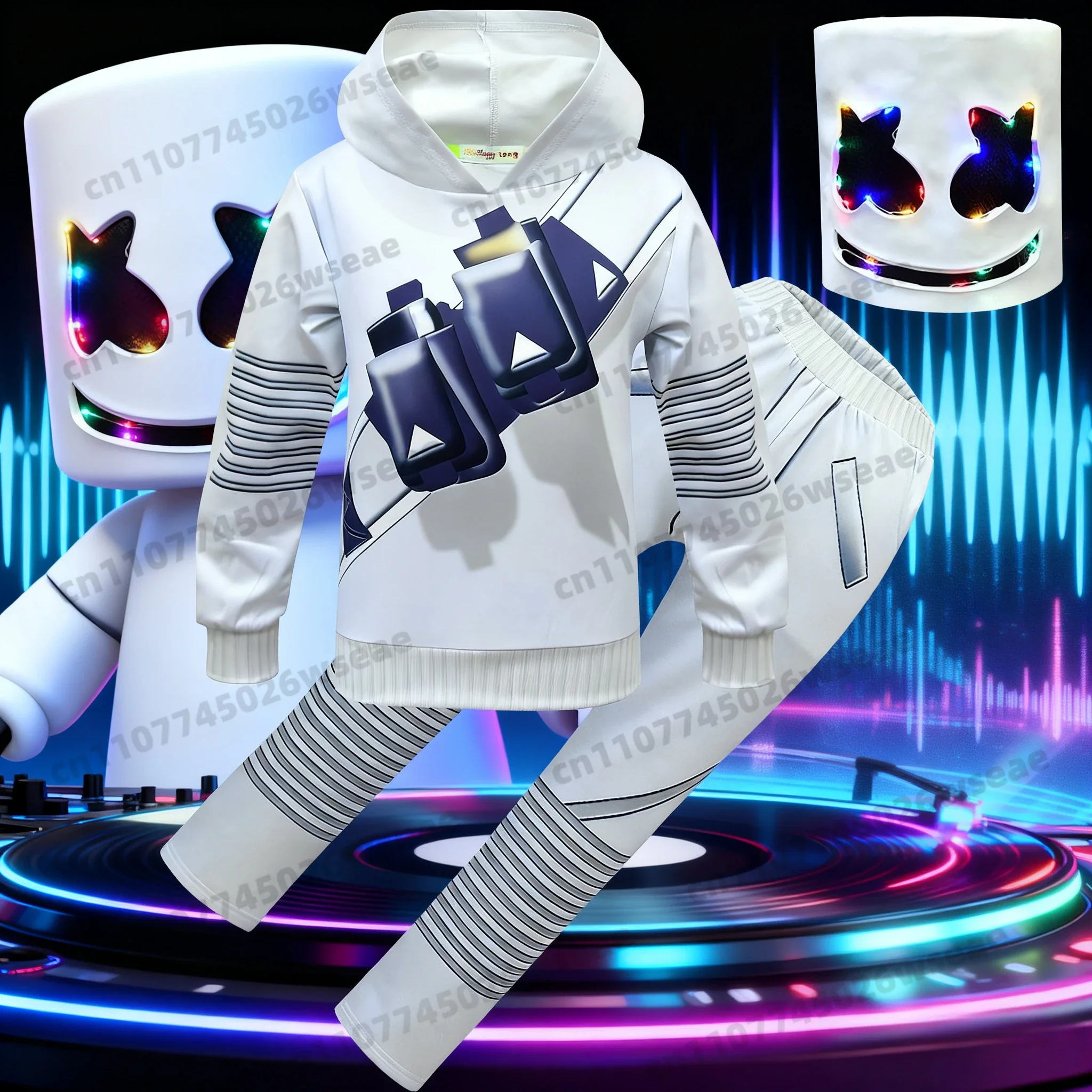 Новинка 2023 года, детский костюм электронной звуковой певицы DJ Marshmello для девочек и мальчиков, карнавальный рождественский карнавальный костюм для вечеринки, комплект с капюшоном Новинка 2023 года, детский костюм электронной звуковой певицы DJ Marshmello для девочек и мальчиков, карнавальный рождественский карнавальный костюм для вечеринки, комплект с капюшоном