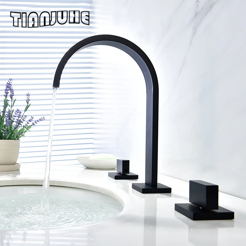 Bathroom Sink taps Basin Faucets Deck Mounted Square Double Handle 3 Hole Cold Hot Basin Water Tap