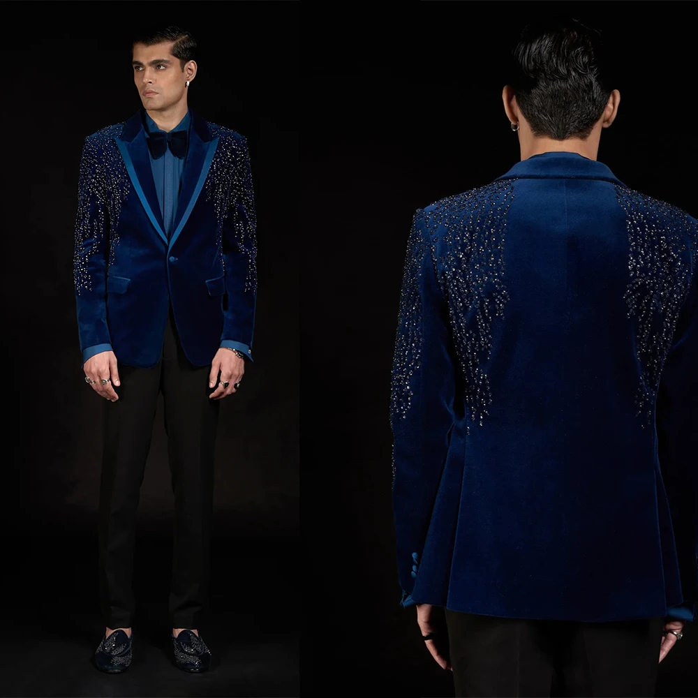 

Velvet Sequins Men's Suit For Wedding Single Breasted Groom Wear Peaked Lapel Tuxedos Business 2 Pcs Jacket Pants Custom Made