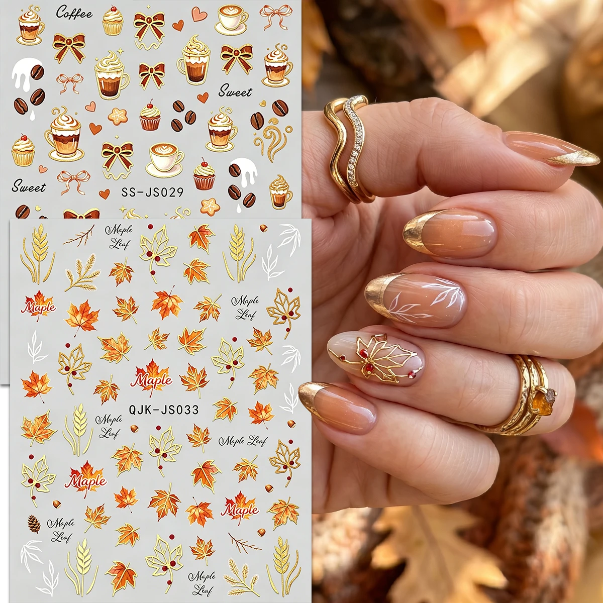 Metallische Herbst-Nagelkunst-Aufkleber, Niedliche Motive mit Fuchs, Eichhörnchen, Igel und Ahornblättern, Retro Orange-Gold Herbst-Thema