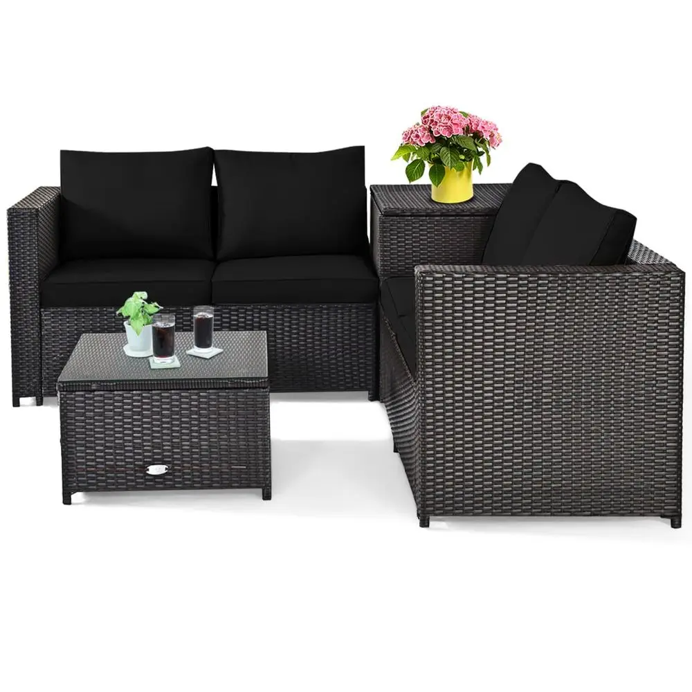 4 Pieces PE Rattan Wicker Conversation Set Outdoor Patio Furniture Sofa Set with Storage Box and Tempered Glass Coffee Table fo