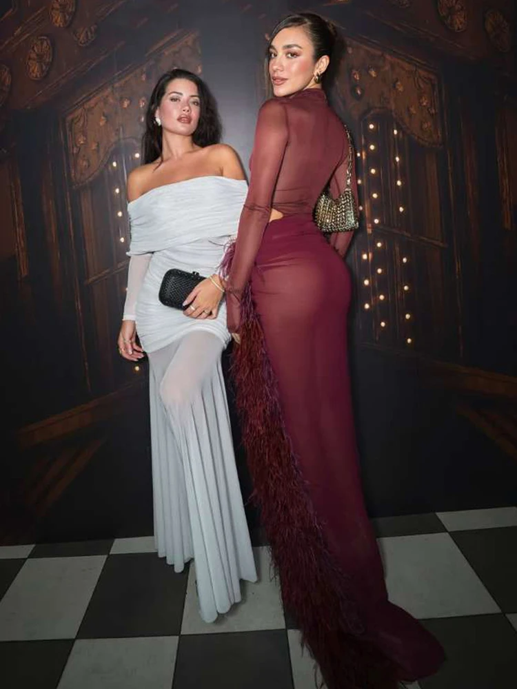 Nibber Slim See Through 2 Piece Set Woman Turtleneck Full Sleeve Bodysuits+Furry Patchwork High Splits Skirts Sexy Mesh Outfits