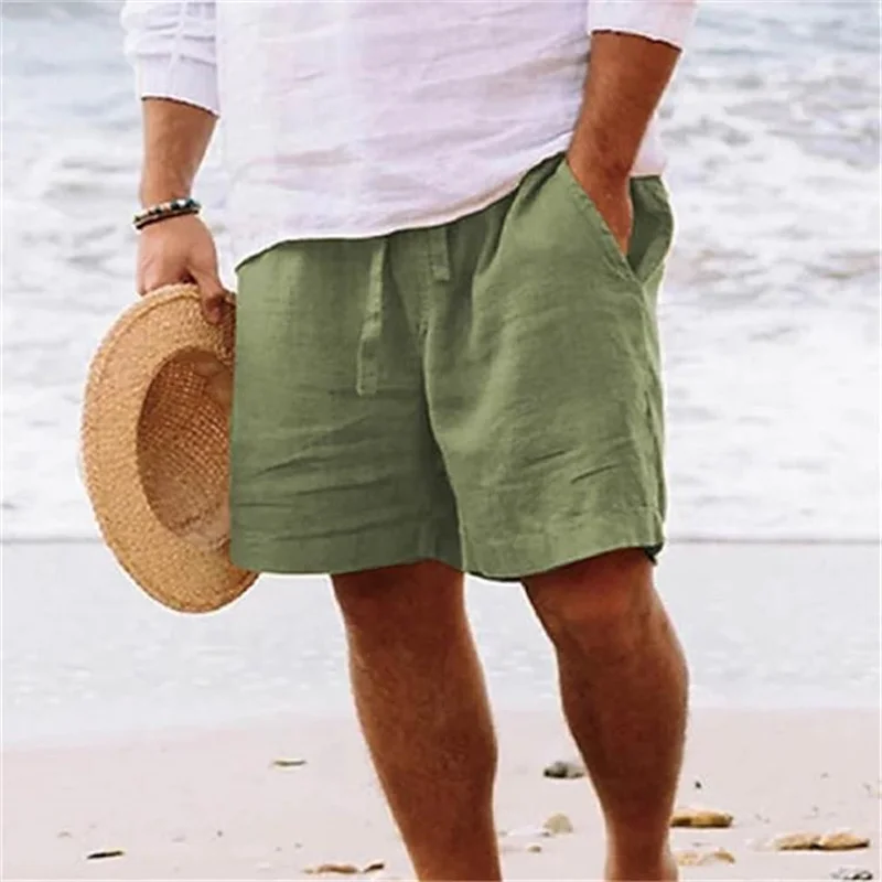 Men\'s Summer Cotton Linen Shorts Drawstring Elastic Waist Straight Leg Solid Color Breathable Beach Five-Point Bermuda Shorts