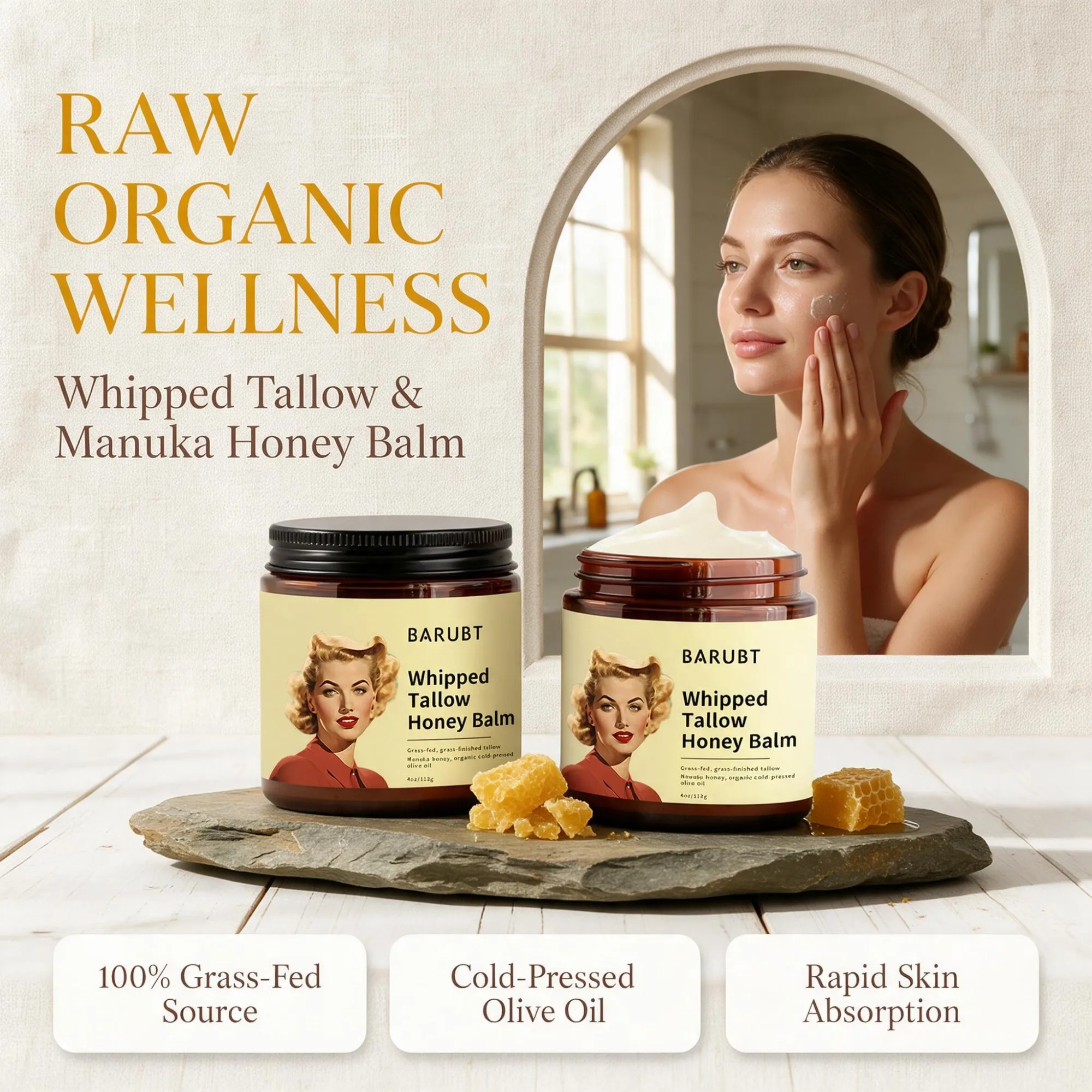Organic Grass-Fed Beef Tallow Cream 2 Oz Jar, 2026 Honey Calendula Nourishing Moisturizer with Premium Fatty Acids, Gentle Skin Care for Dry & Sensitive Skin, Ideal Present for Halloween Thanksgiving Christmas