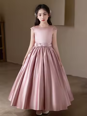 Girl's Dusty Pink Long Dress for Birthday Party Performance Elegant Wedding Evening Gown Bridesmaid Dresses