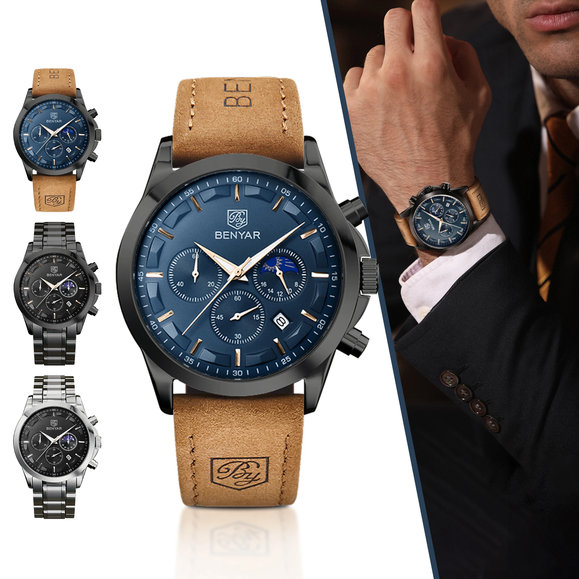 

BENYAR Men's Chronograph Watch, Leather Strap, Hardlex Dial, Waterproof Business Casual Wristwatch for Men, Ideal Gift