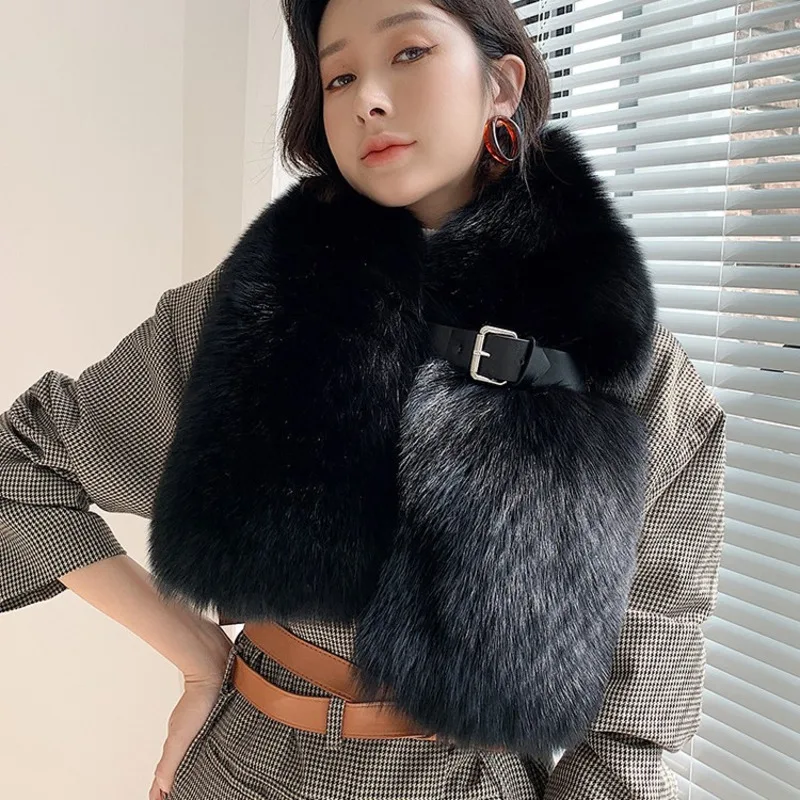 

100% Real Fox Fur Scarf Women Luxury Black Color Belt Buckle Fur Shawl Wraps Winter Neck Warmer Scarves