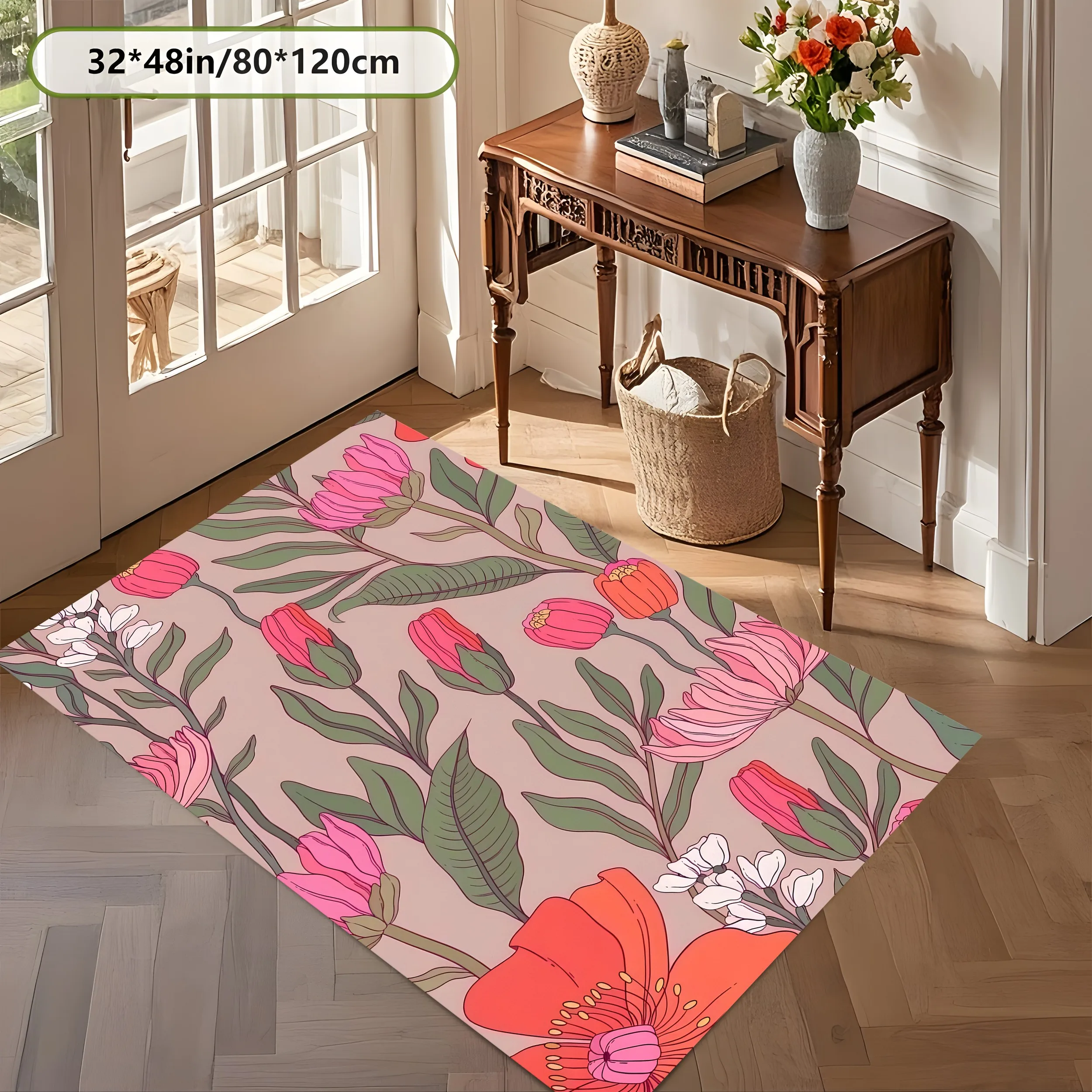 2D Hand-Painted Floral Rug French Retro Style Living Room Bedroom Home Decor