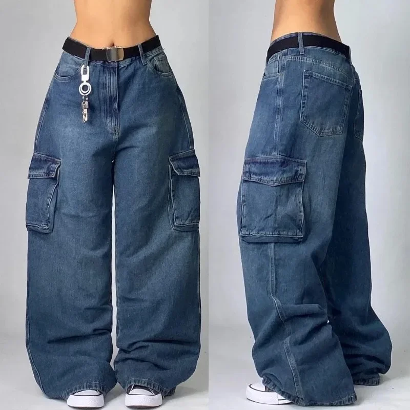 90er Vintage Falten hals Skateboard Denim Jeans antike Skateboard Straße y2k Harajuku waschen blau mehrere Taschen Baggy Jeans