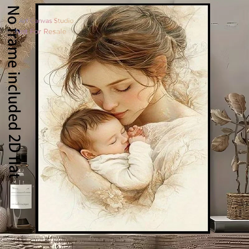 2D Flat, 2D Flat, A Decorative Canvas Painting Depicting a Mother Gently Cradling Her Sleeping Baby, Showcasing Soft Colors T