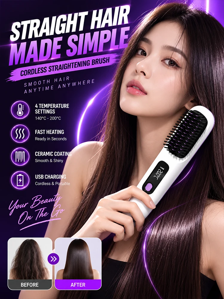 Cordless Hair Straightener Brush Electric Heated Comb USB Rechargeable 4 Temperature Levels Digital Display for Women Travel