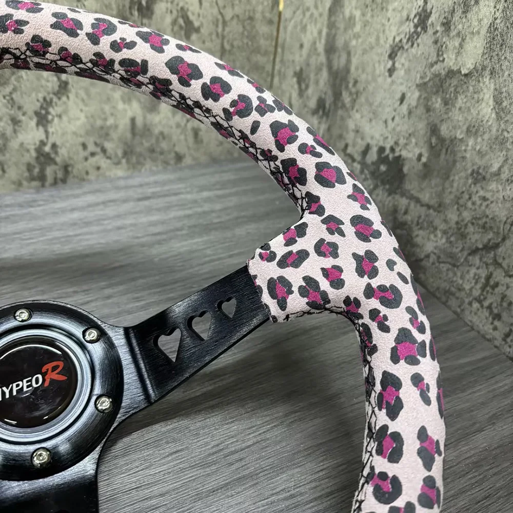 Pink Leopard Print Steering Wheel Suede Sports Love Shape Hole Bracket Modified Car Steering Wheel Deep Dish Steering Wheel