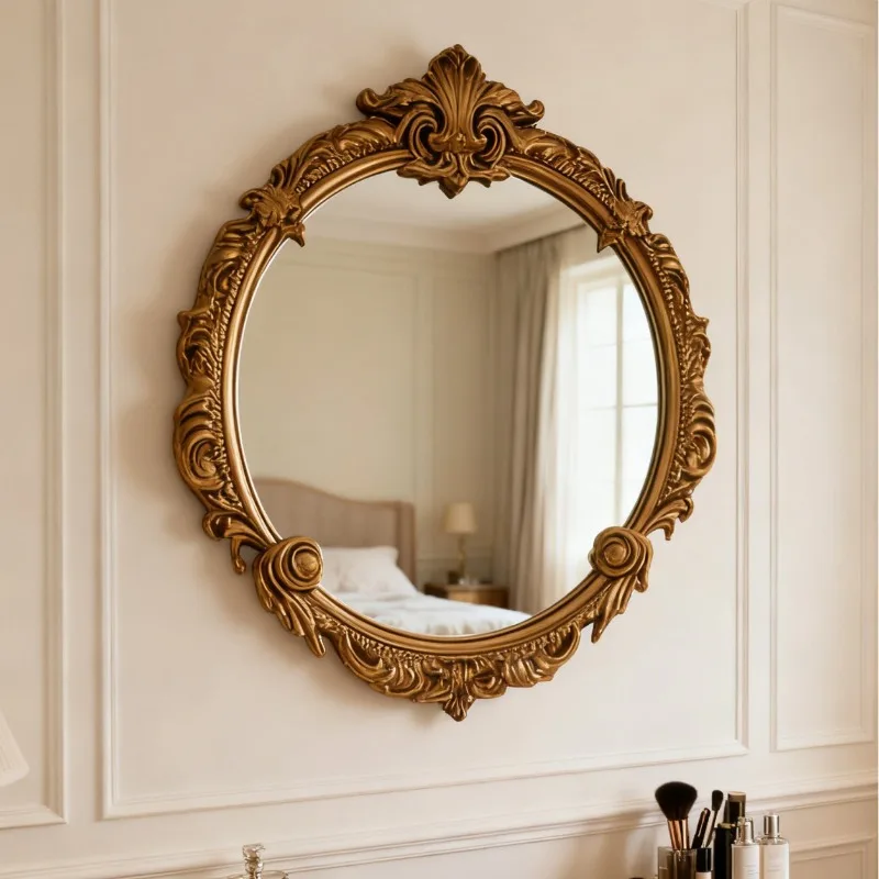 European court curly grass pattern carved round mirror retro old gold frame hanging mirror living room entrance literary decorat