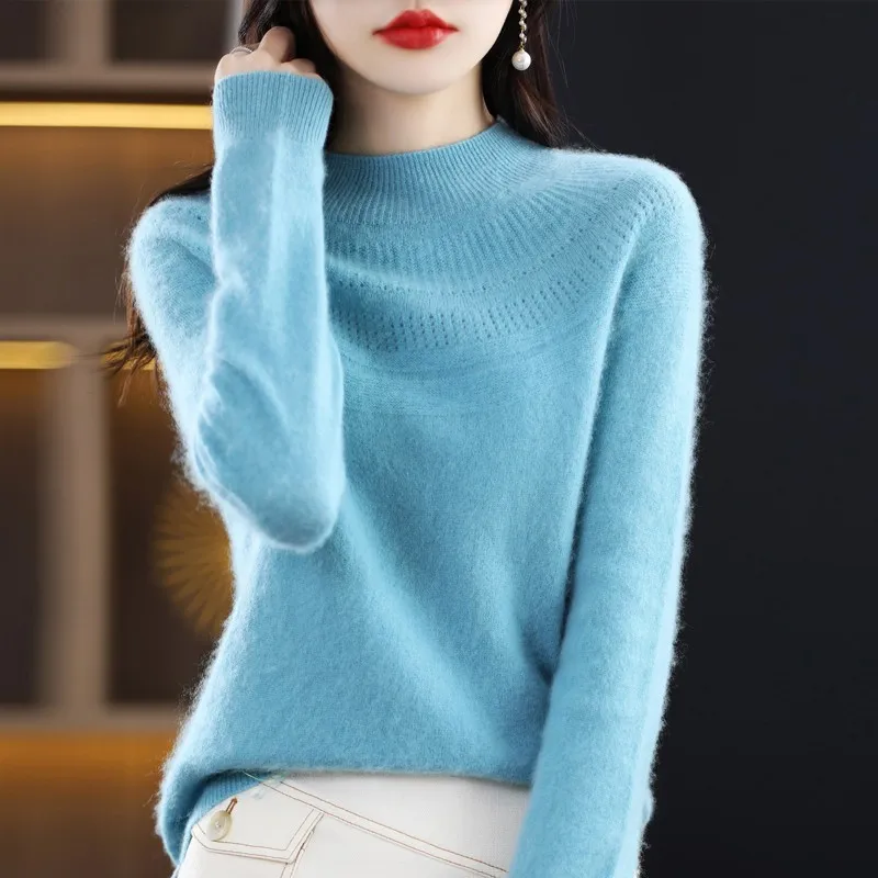 

Autumn And Winter New Women's Wool Sweater Models A Line Of Ready-To-Wear Half High Neck Sweater Fashion Hollow Knit Pullover