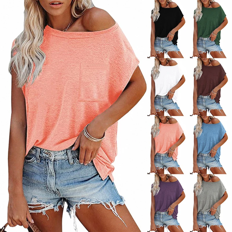 Europe Summer Women's Top Solid Color Pocket Off-shoulder Round Neck Short Sleeve Women's T-shirt Dropshipping