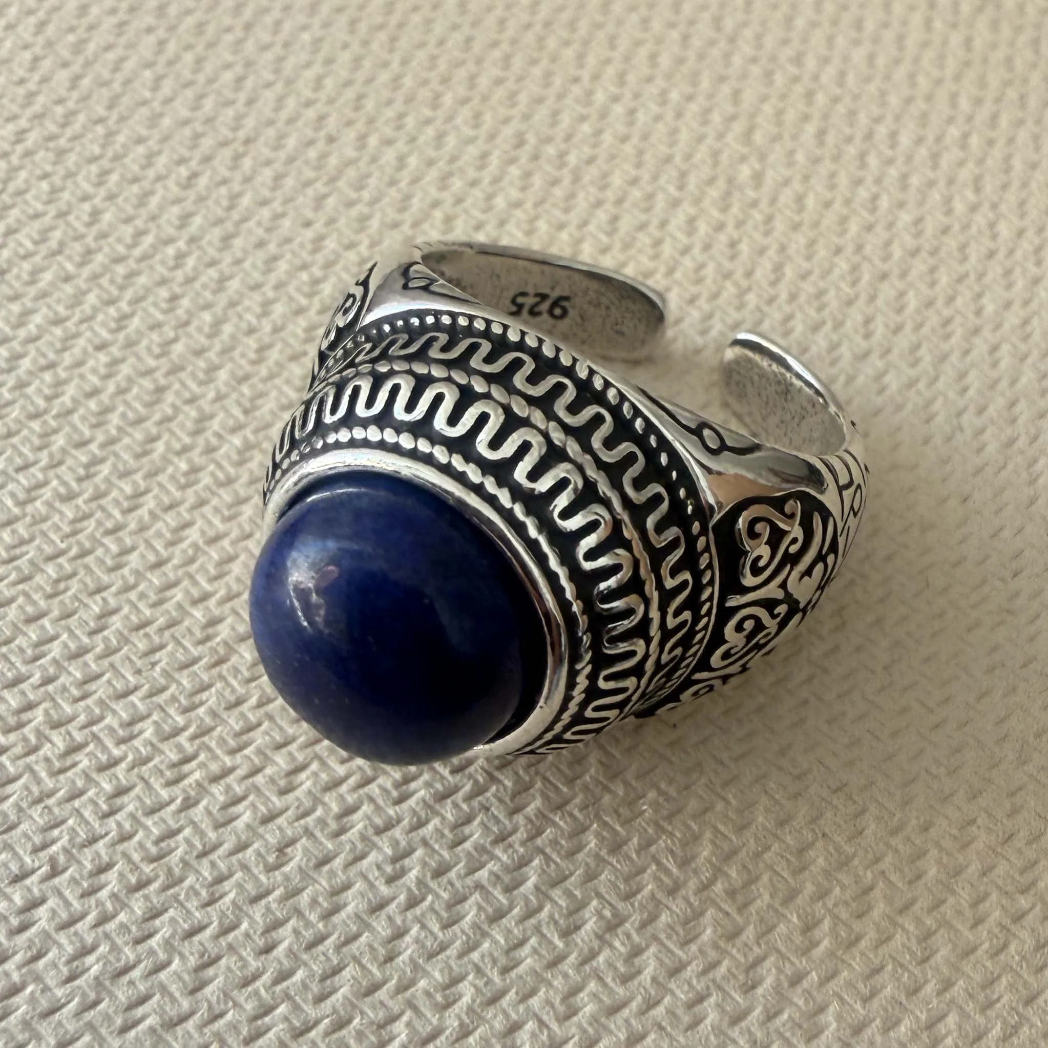 925 Sterling Silver Rings for Women Couple Minimalist Handmade Retro Blue Stone Wide Ring Fine Jewelry Gift Prevent Allergy