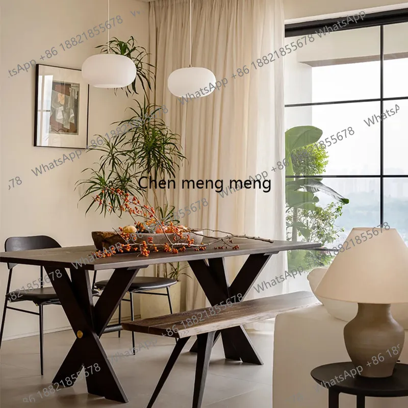 

Solid wood dining table and chair combination household rectangular retro wabi oak dining table