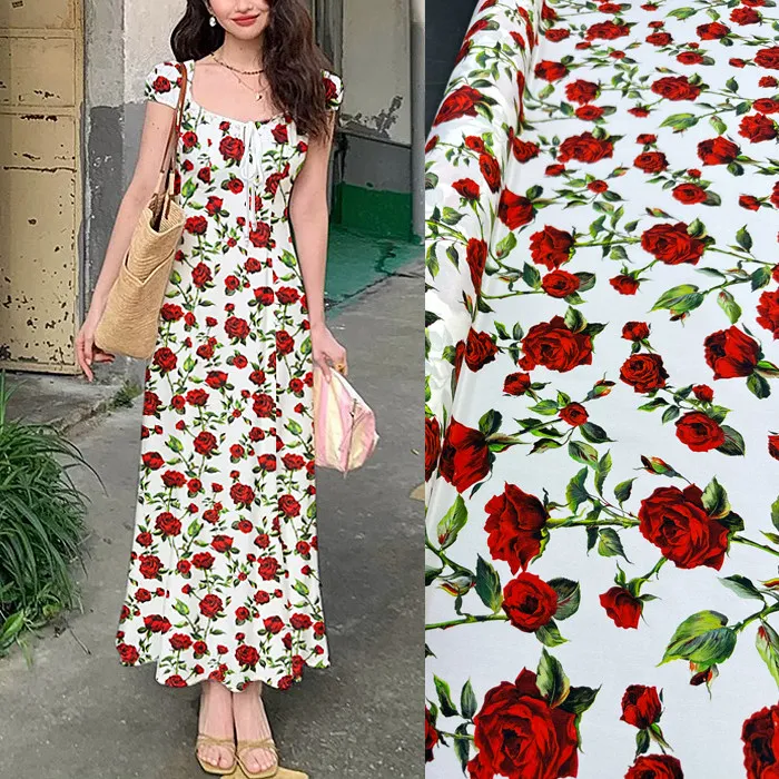 Black Base Red Rose Floral Print Silk Stretch Crepe De Chine Fabric Mulberry Silk Material For Dresses 140cm Wide Blouse