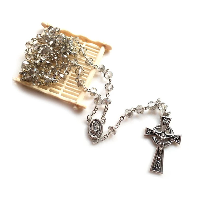 QIGO Gray Crystal Rosary Necklace Vintage Jesus Cross Pendant Religious Prayer Jewelry