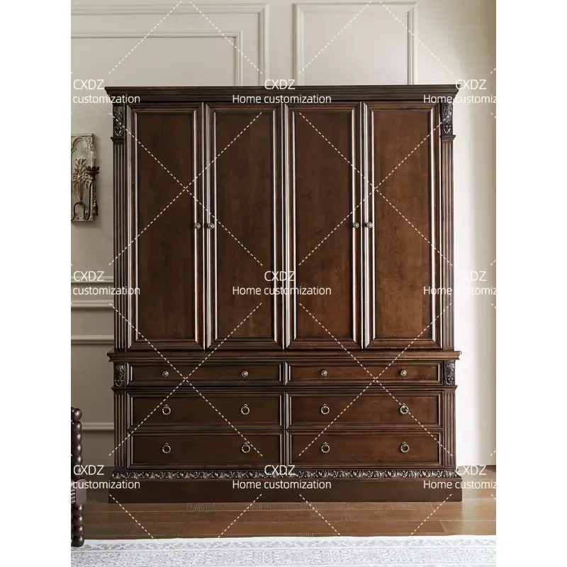 Rural Pure Solid Wood Wardrobe Swing Door Log Bedroom Furniture Villa Carved Four Door Wardrobe Custom