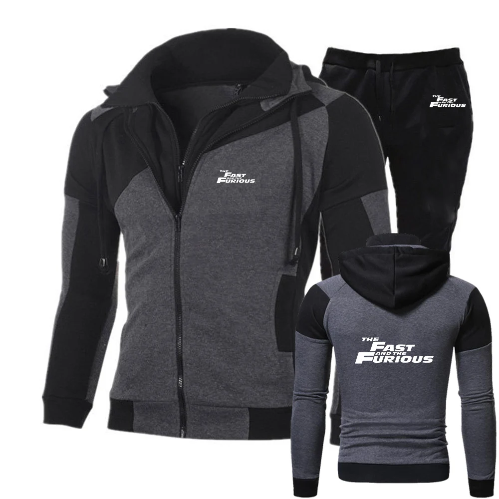 

Fast and Furious Print 2025 Spring And Autumn Men's New Diagonal Zipper Set Casual Hoodies + Drawstring Sweatpant Suit