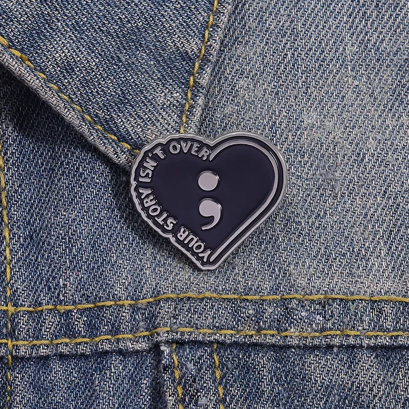 Cartoon Black Heart-shaped Quote Brooch Your Story Is Not Over Yet Heart-shaped Badge Personalized Backpack Decoration Lapel Pin